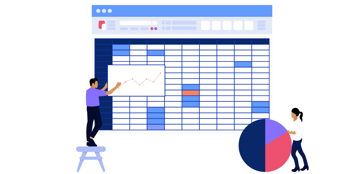 Twee personen bij een mega spreadsheets symboliseert de complexiteit.